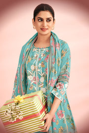 Cotton Hand Block Print Daily Wear Salwar Kameez In Cyan Color